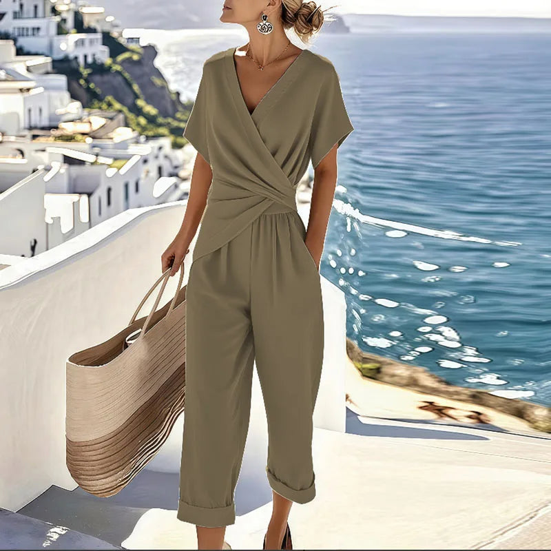 Women’s Jumpsuit with Draped V-Neckline – Relaxed Summer Design for Vacations, Everyday Wear, and Smart-Casual Style