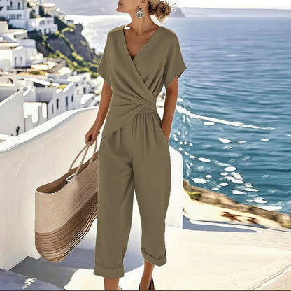 Women’s Jumpsuit with Draped V-Neckline – Relaxed Summer Design for Vacations, Everyday Wear, and Smart-Casual Style
