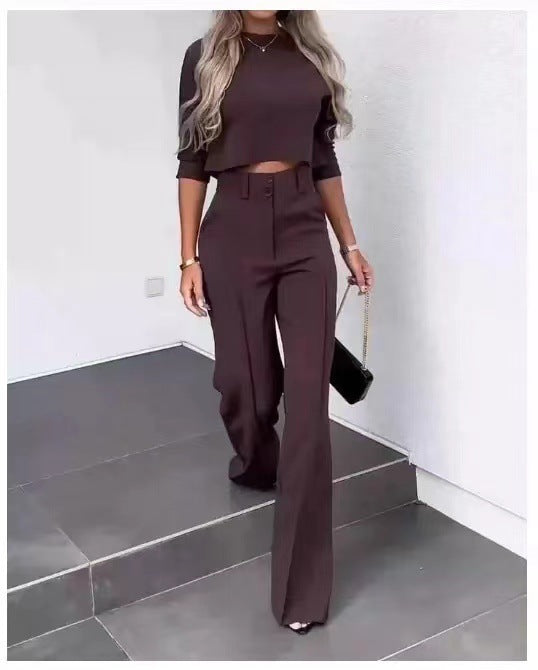 Women's Cropped 2-Piece Pants Set with 3/4-Sleeve Top and High-Waisted Wide-Leg Pants - Tailored Set for Everyday Wear and Smart Casual Style