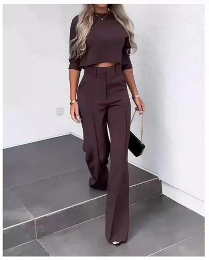 Women's Cropped 2-Piece Pants Set with 3/4-Sleeve Top and High-Waisted Wide-Leg Pants - Tailored Set for Everyday Wear and Smart Casual Style