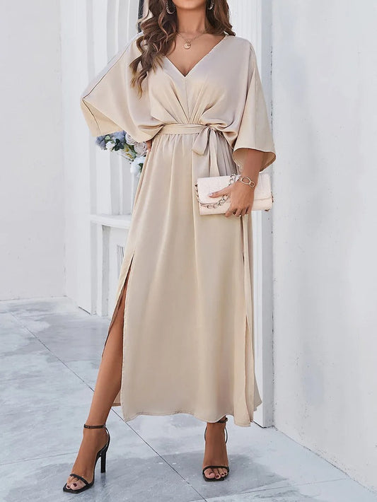 Maxivestido de mujer con escote en V y cinturón – Vestido elegante informal para fiestas, bodas, vacaciones y ocasiones especiales