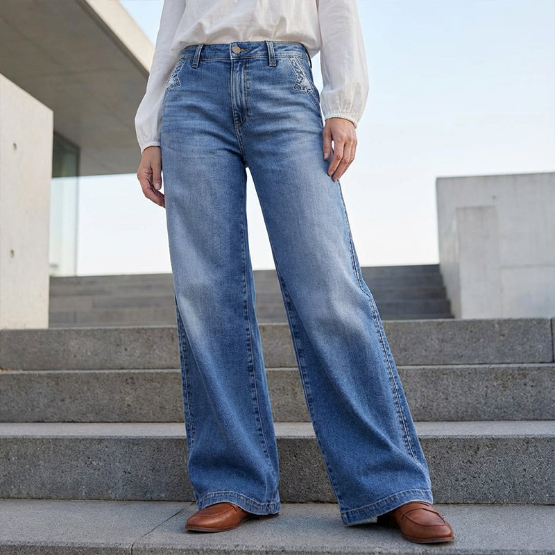 Dame Højtaljede Wide-Leg Denim Jeans Til Hverdagsbrug