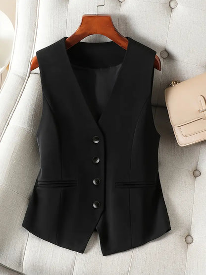 Vestă cambrată pentru femei, cu decolteu în V și închidere cu nasturi – top elegant fără mâneci, pentru birou și ținute smart casual