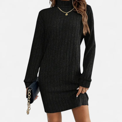 Women's Knitted Dress with High Neck and Textured Knit – Elegant Dress for Autumn, Winter, the Office, and Everyday Wear