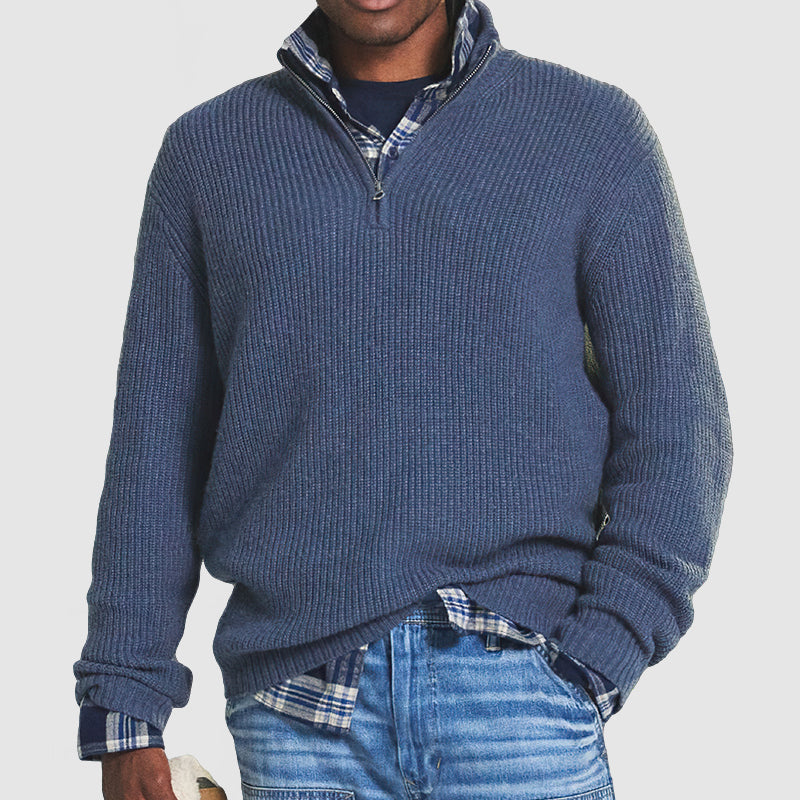 Herre Cashmere Sweater med Kvart Lynlås – Ribstrikket Strik med Almindelig Pasform til Efterår og Vinter