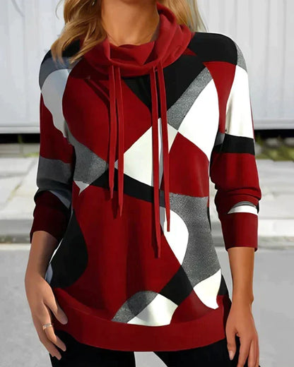 Dame Abstrakt Color-block Sweatshirt Med Cowl-hals – Afslappet Pullover Til Hverdagsbrug, Fritid Og Moderne Stil