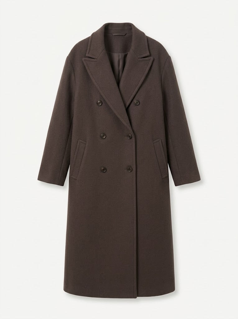 Abrigo largo oversized cruzado de doble botonadura para mujer con solapas relajadas y abertura trasera - elegante abrigo para el trabajo, la ciudad y el uso diario