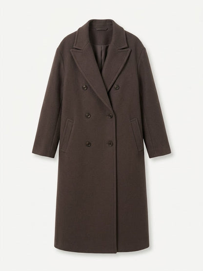 Abrigo largo oversized cruzado de doble botonadura para mujer con solapas relajadas y abertura trasera - elegante abrigo para el trabajo, la ciudad y el uso diario