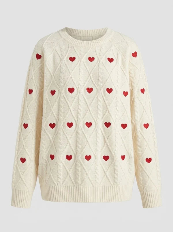 Dame Kabelstrikket Sweater Med Hjertemønster Og Rund Hals – Afslappet Pullover Til Efterår, Vinter, Hverdagsbrug Og Fritid