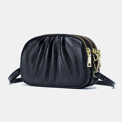 Dame Crossbody-taske I Ægte Læder Med Plisseret Design Og 3 Lynlåsrum – Kompakt Skuldertaske Til Hverdagsbrug, Arbejde Og Fritid
