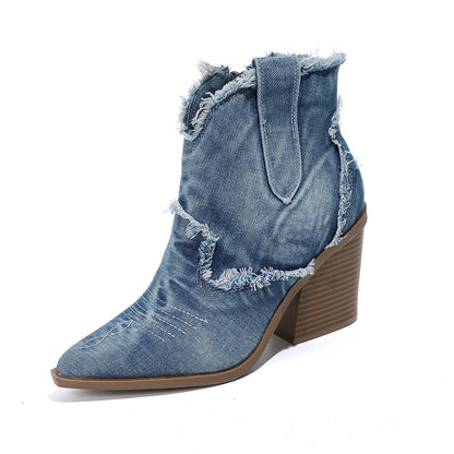 Women's distressed denim Western ankle boots with pointed toes - cowboy-inspired boots with block heels for city life, festivals, and casual everyday wear