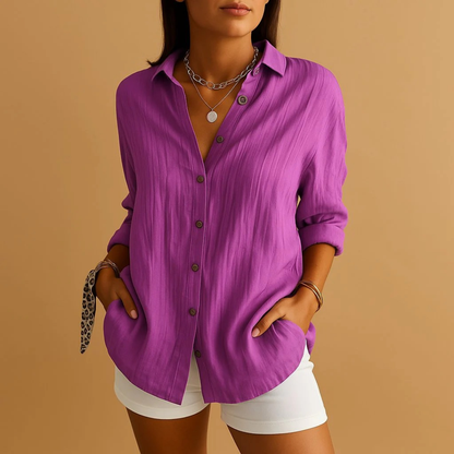Women's Relaxed Linen-Look Shirt Blouse with Button Closure – Lightweight Shirt for Everyday Wear, Holidays, and Smart Casual Style