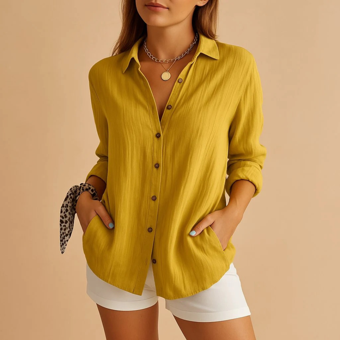 Women's Relaxed Linen-Look Shirt Blouse with Button Closure – Lightweight Shirt for Everyday Wear, Holidays, and Smart Casual Style