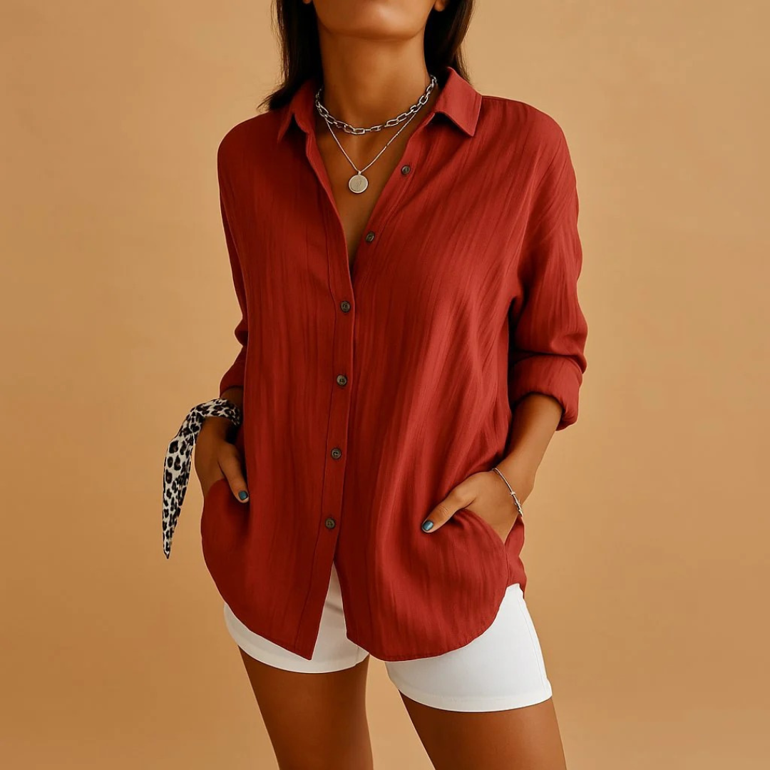 Women's Relaxed Linen-Look Shirt Blouse with Button Closure – Lightweight Shirt for Everyday Wear, Holidays, and Smart Casual Style