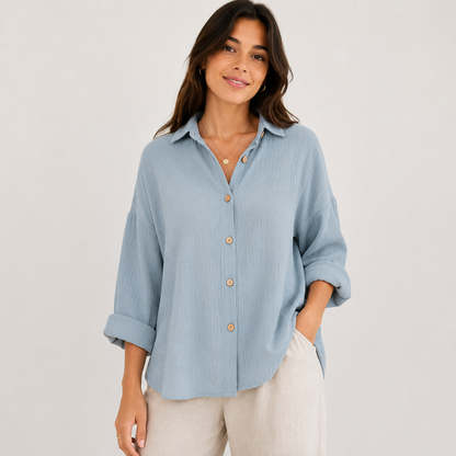 Women's Relaxed Linen-Look Shirt Blouse with Button Closure – Lightweight Shirt for Everyday Wear, Holidays, and Smart Casual Style