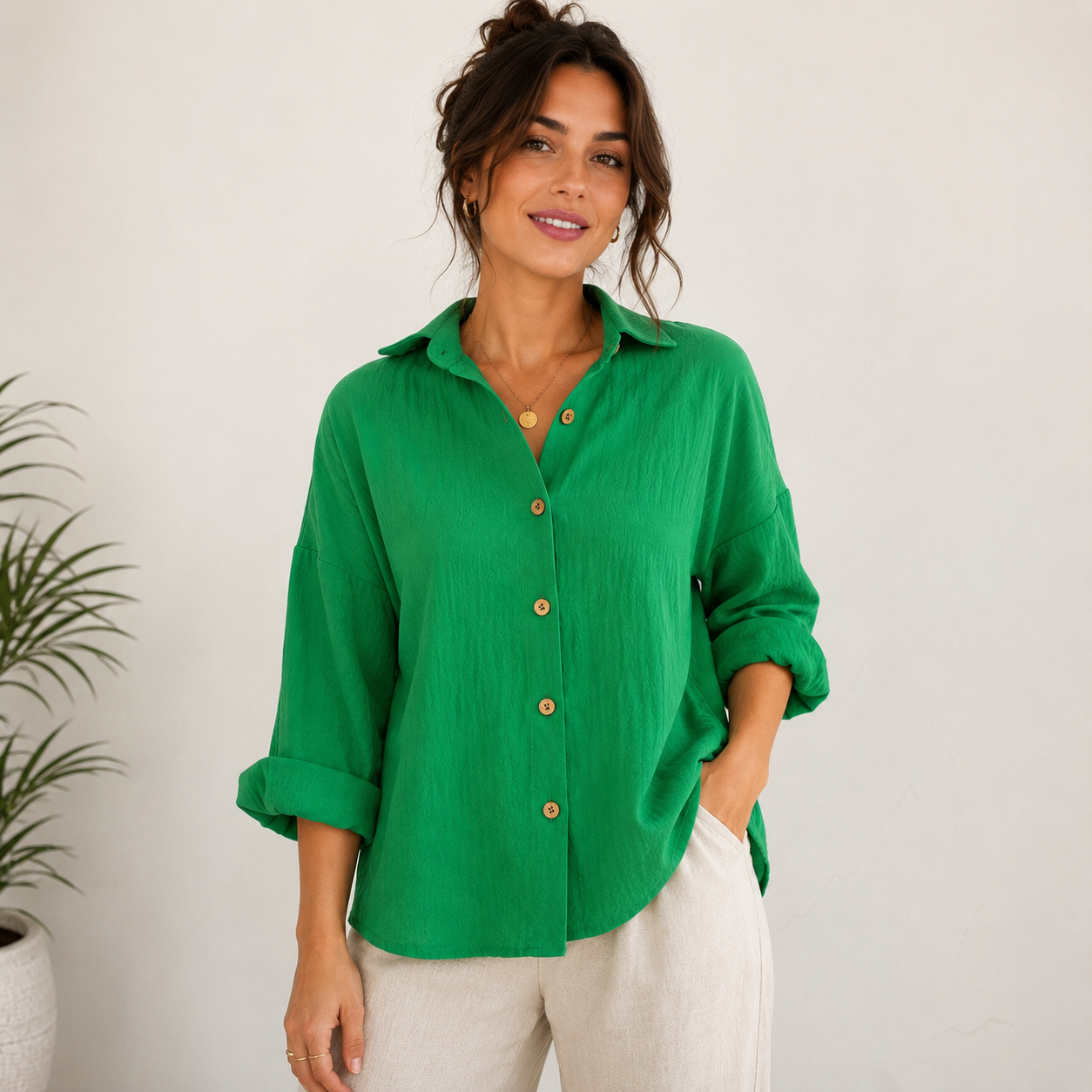 Women's Relaxed Linen-Look Shirt Blouse with Button Closure – Lightweight Shirt for Everyday Wear, Holidays, and Smart Casual Style