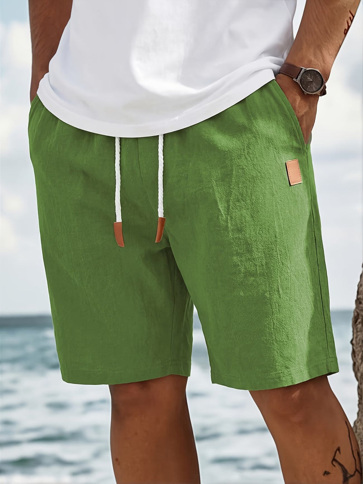 Pantaloni scurți bărbătești de vară, cu talie cu șnur și design texturat – Pantaloni scurți casual, cu croială regular, pentru vacanțe, timpul liber și purtarea de zi cu zi