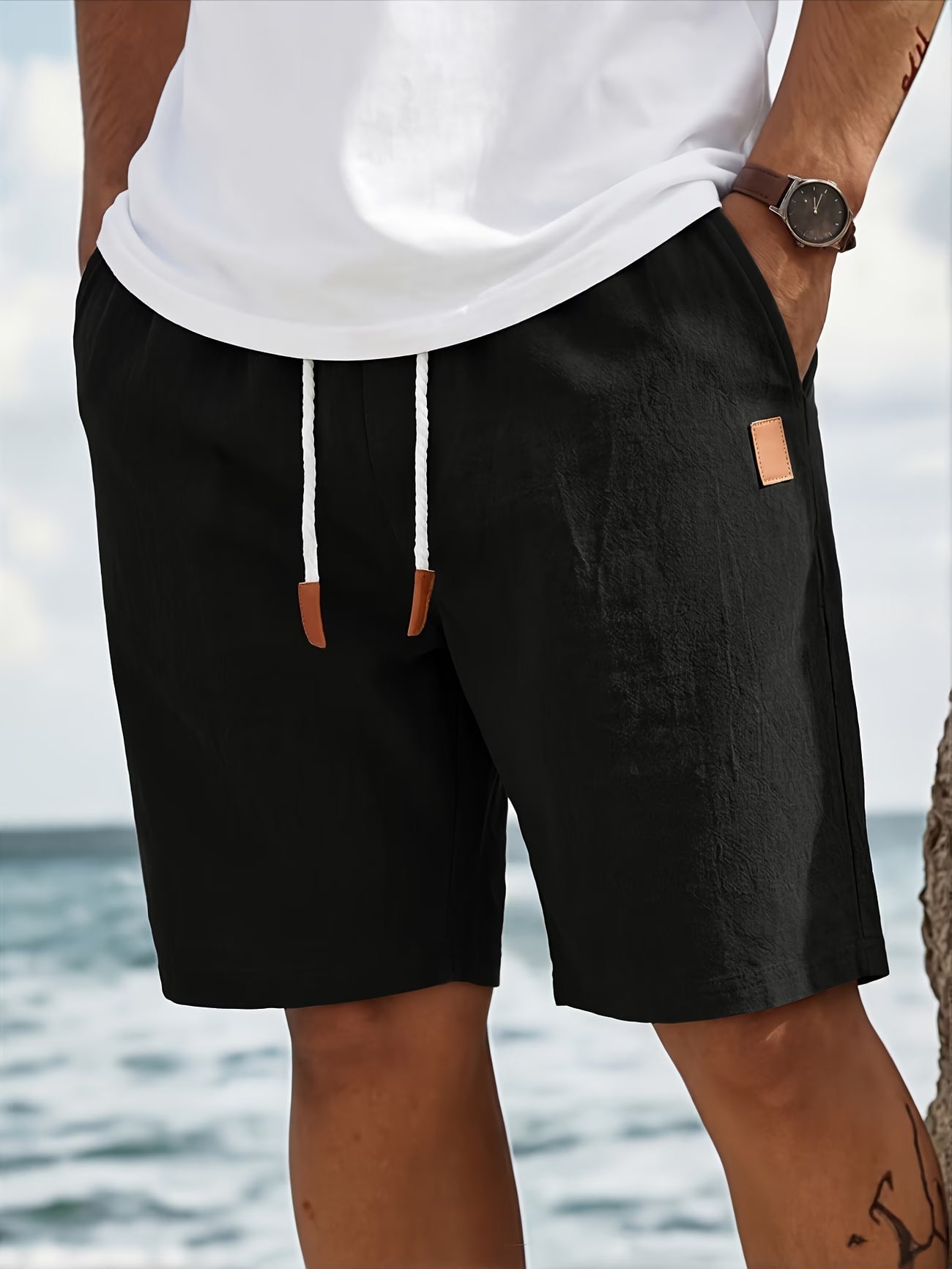 Pantaloni scurți bărbătești de vară, cu talie cu șnur și design texturat – Pantaloni scurți casual, cu croială regular, pentru vacanțe, timpul liber și purtarea de zi cu zi