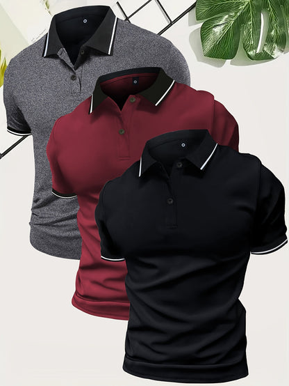 Polo para hombre con cuello en contraste y corte entallado: conjunto de 3 piezas para uso diario, tiempo libre, oficina y estilo smart casual