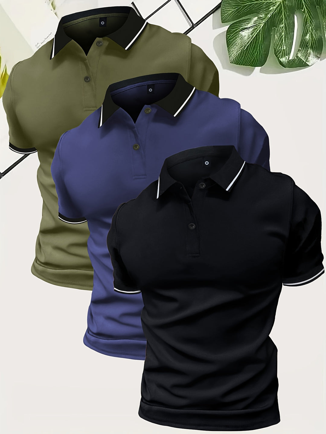 Polo para hombre con cuello en contraste y corte entallado: conjunto de 3 piezas para uso diario, tiempo libre, oficina y estilo smart casual