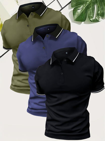 Polo para hombre con cuello en contraste y corte entallado: conjunto de 3 piezas para uso diario, tiempo libre, oficina y estilo smart casual