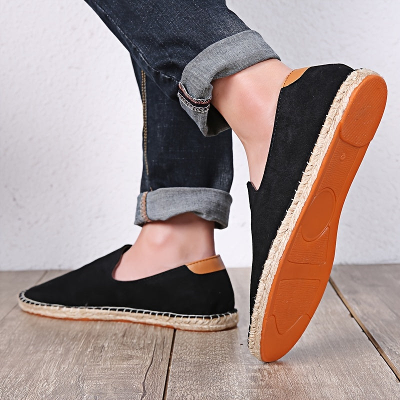 Espadrile slip-on pentru bărbați, cu partea superioară din pânză și margine a talpii împletite