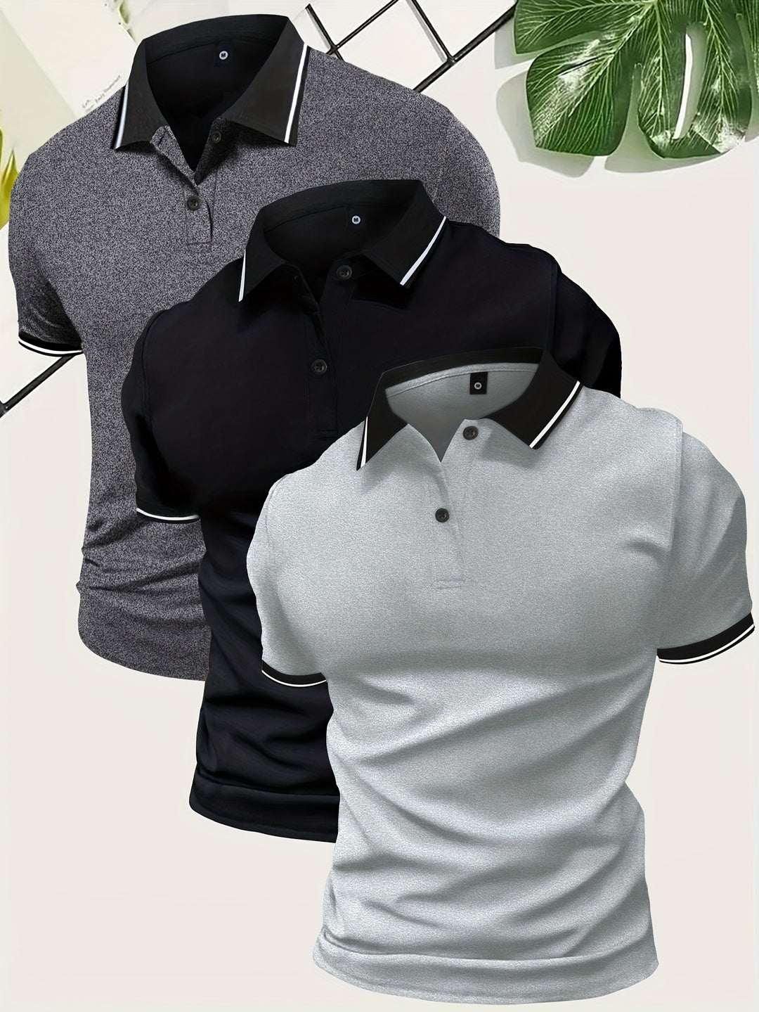 Polo para hombre con cuello en contraste y corte entallado: conjunto de 3 piezas para uso diario, tiempo libre, oficina y estilo smart casual