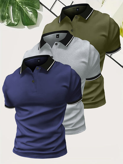 Polo para hombre con cuello en contraste y corte entallado: conjunto de 3 piezas para uso diario, tiempo libre, oficina y estilo smart casual