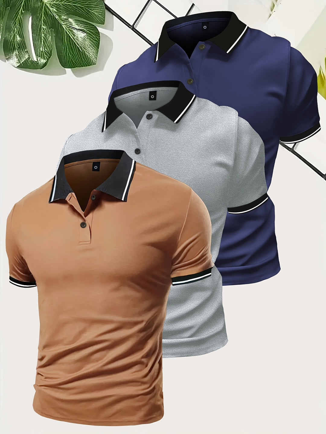 Polo para hombre con cuello en contraste y corte entallado: conjunto de 3 piezas para uso diario, tiempo libre, oficina y estilo smart casual
