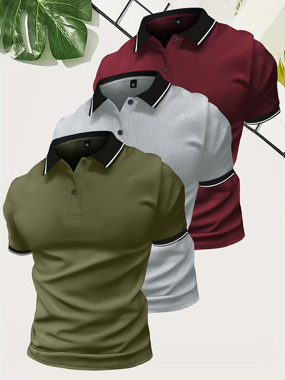 Polo para hombre con cuello en contraste y corte entallado: conjunto de 3 piezas para uso diario, tiempo libre, oficina y estilo smart casual