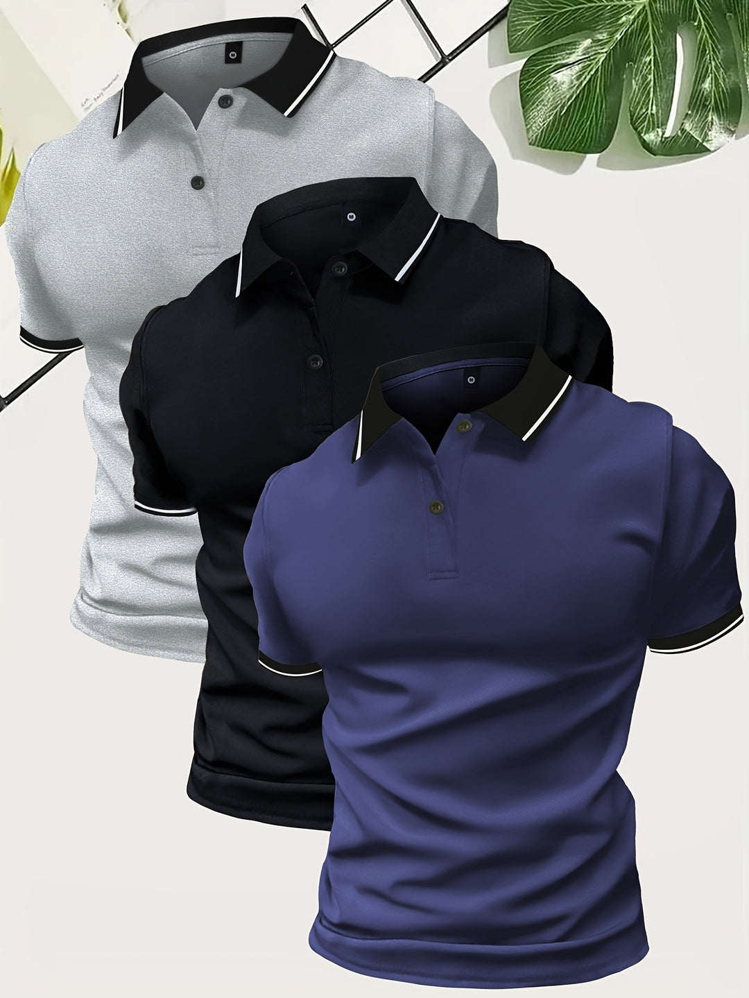 Polo para hombre con cuello en contraste y corte entallado: conjunto de 3 piezas para uso diario, tiempo libre, oficina y estilo smart casual