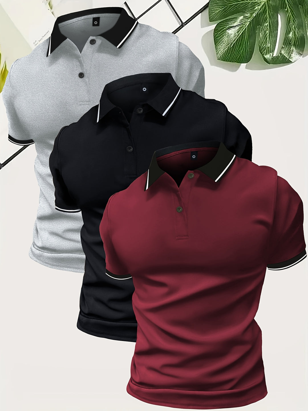 Polo para hombre con cuello en contraste y corte entallado: conjunto de 3 piezas para uso diario, tiempo libre, oficina y estilo smart casual