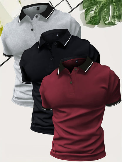 Polo para hombre con cuello en contraste y corte entallado: conjunto de 3 piezas para uso diario, tiempo libre, oficina y estilo smart casual