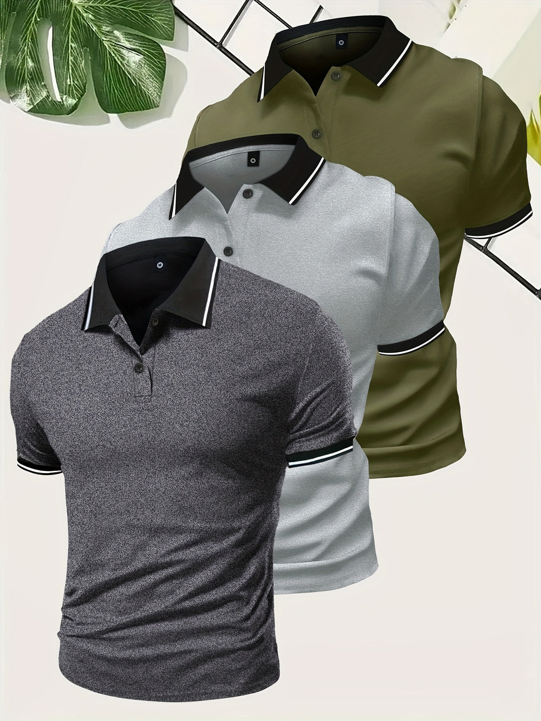Polo para hombre con cuello en contraste y corte entallado: conjunto de 3 piezas para uso diario, tiempo libre, oficina y estilo smart casual