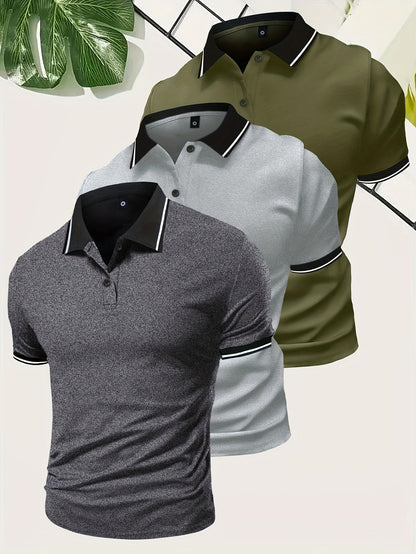 Polo para hombre con cuello en contraste y corte entallado: conjunto de 3 piezas para uso diario, tiempo libre, oficina y estilo smart casual