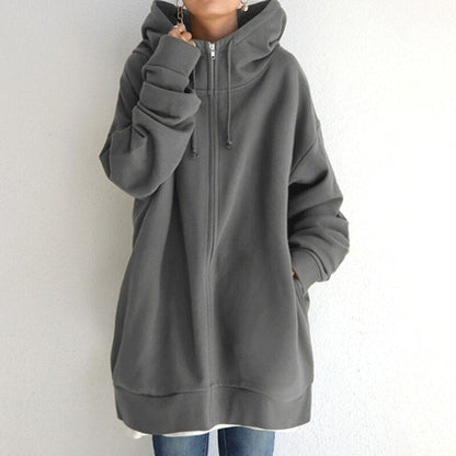 Dámská oversized mikina s kapucí a zipem - dlouhá a ležérní mikina na každodenní nošení, volný čas a v ležérním stylu