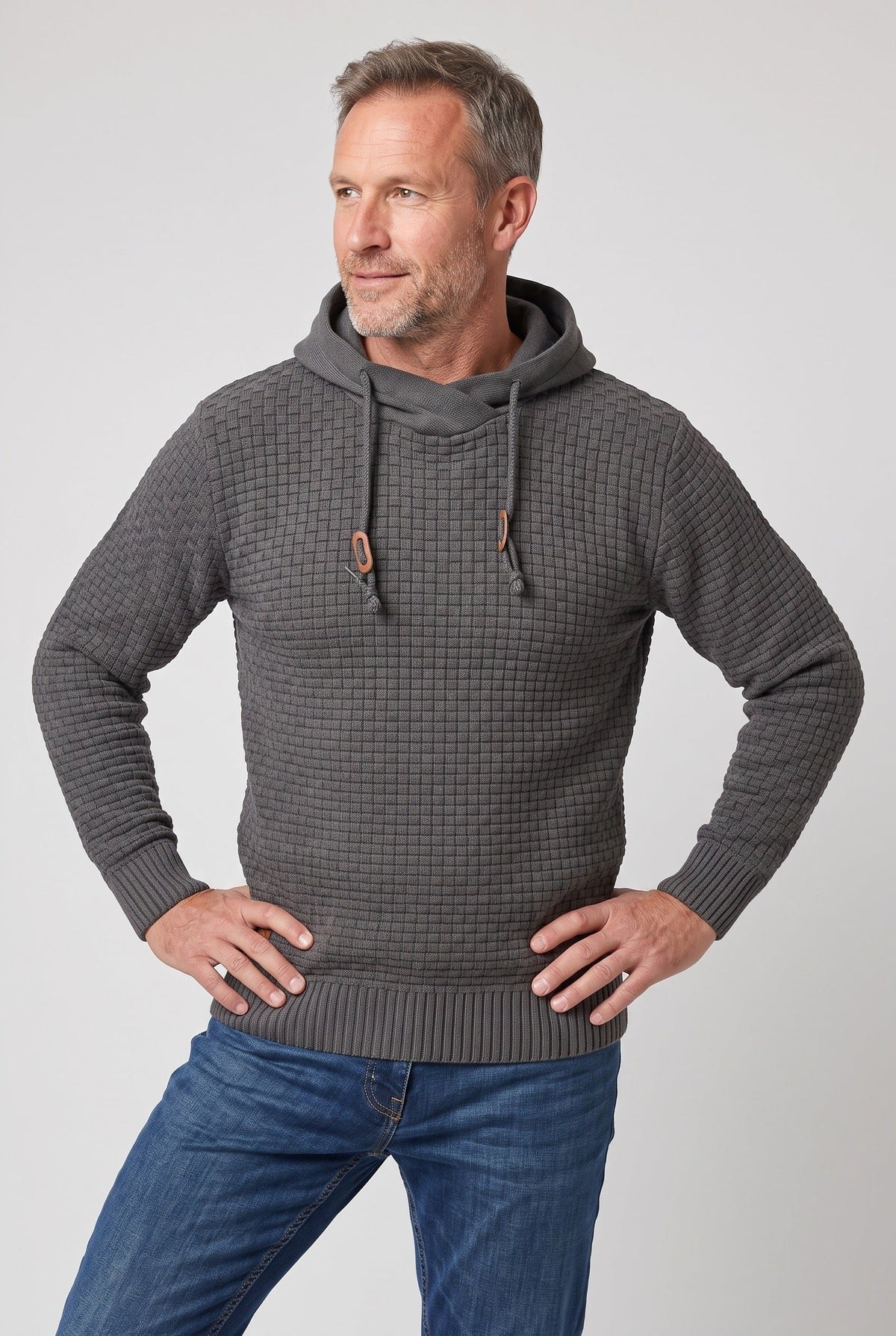 Herre Tekstureret Strikket Hættetrøje Med Snørehætte Og Kængurulomme – Klassisk Pullover Til Hverdagsbrug, Fritid Og Afslappet Smart Casual Stil