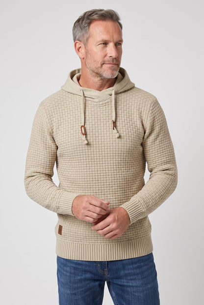 Herre Tekstureret Strikket Hættetrøje Med Snørehætte Og Kængurulomme – Klassisk Pullover Til Hverdagsbrug, Fritid Og Afslappet Smart Casual Stil