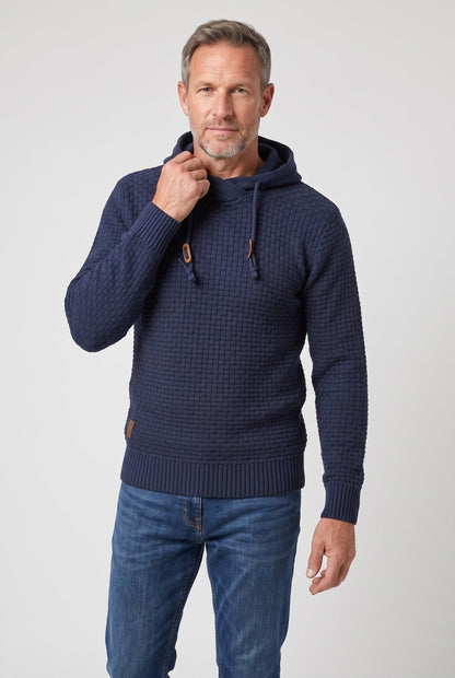 Herre Tekstureret Strikket Hættetrøje Med Snørehætte Og Kængurulomme – Klassisk Pullover Til Hverdagsbrug, Fritid Og Afslappet Smart Casual Stil