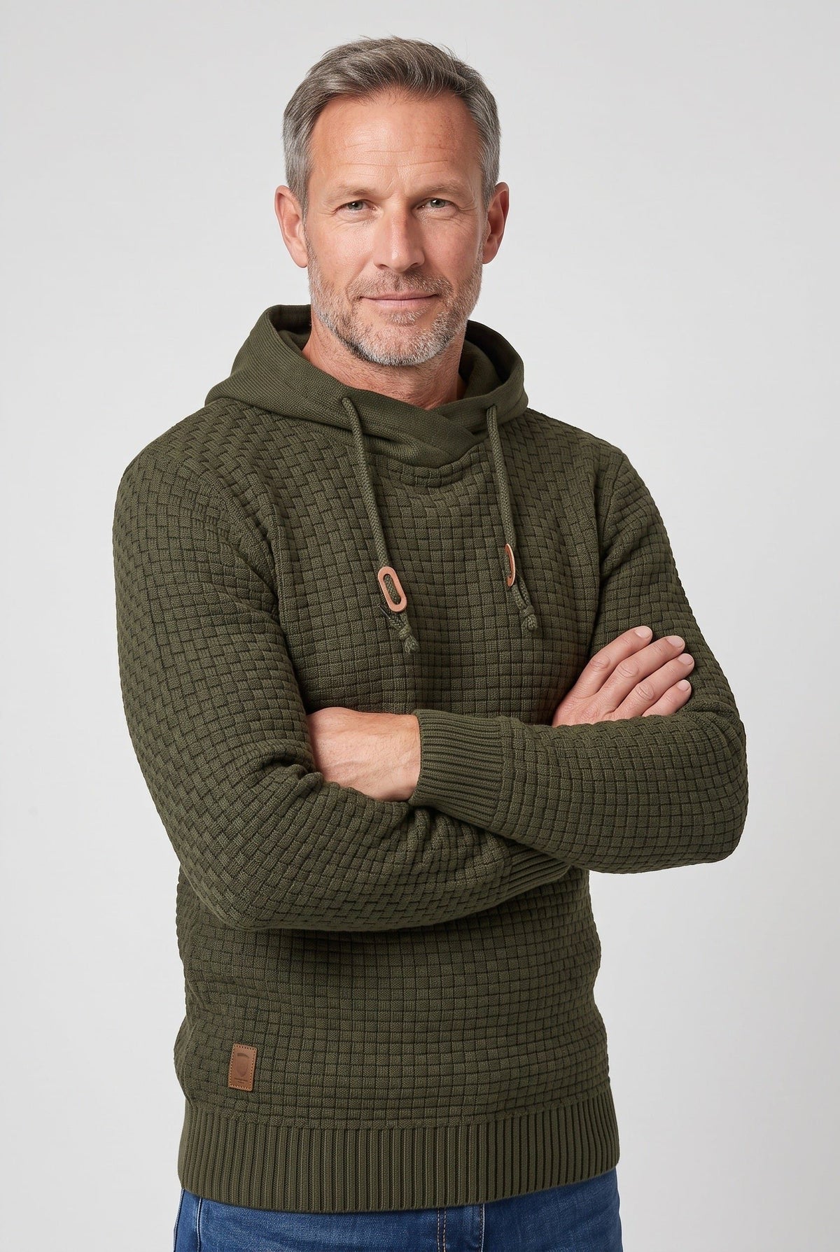 Herre Tekstureret Strikket Hættetrøje Med Snørehætte Og Kængurulomme – Klassisk Pullover Til Hverdagsbrug, Fritid Og Afslappet Smart Casual Stil