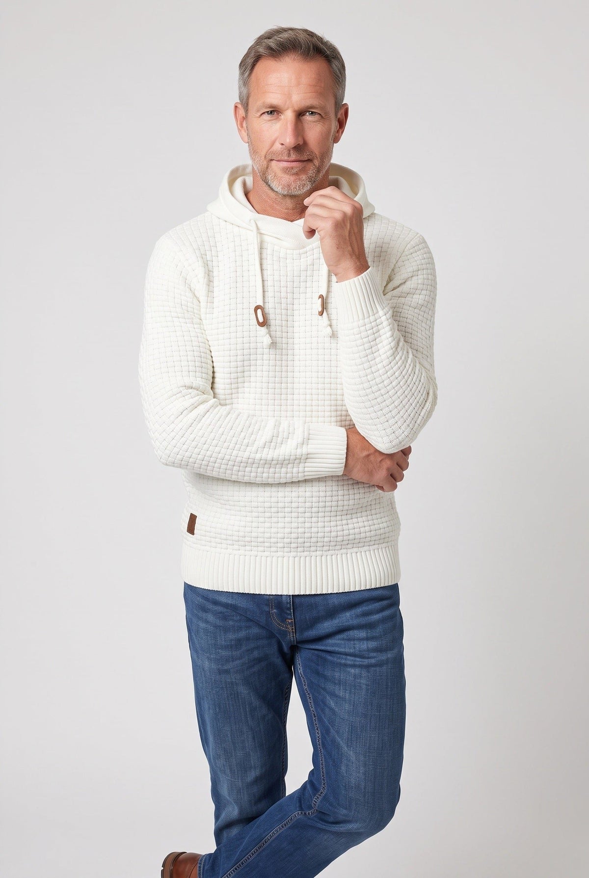 Herre Tekstureret Strikket Hættetrøje Med Snørehætte Og Kængurulomme – Klassisk Pullover Til Hverdagsbrug, Fritid Og Afslappet Smart Casual Stil