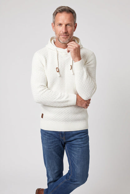 Herre Tekstureret Strikket Hættetrøje Med Snørehætte Og Kængurulomme – Klassisk Pullover Til Hverdagsbrug, Fritid Og Afslappet Smart Casual Stil