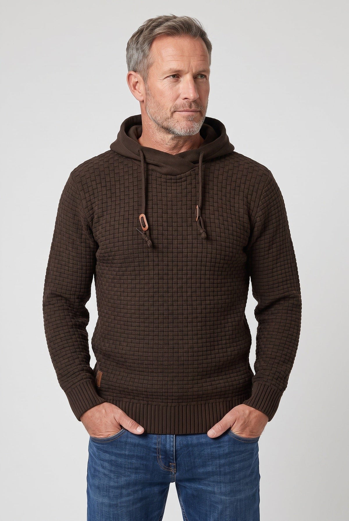 Herre Tekstureret Strikket Hættetrøje Med Snørehætte Og Kængurulomme – Klassisk Pullover Til Hverdagsbrug, Fritid Og Afslappet Smart Casual Stil