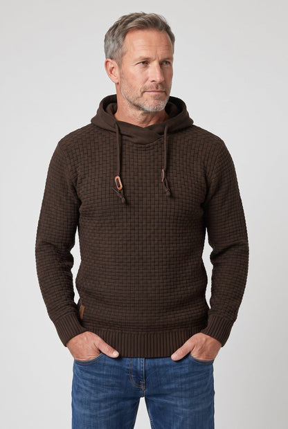 Herre Tekstureret Strikket Hættetrøje Med Snørehætte Og Kængurulomme – Klassisk Pullover Til Hverdagsbrug, Fritid Og Afslappet Smart Casual Stil