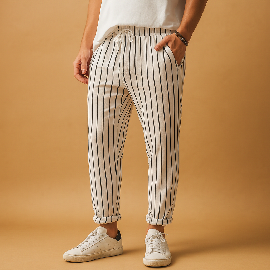 Pantaloni bărbătești cu imprimeu, talie elastică și șnur ajustabil - croială lejeră, lungime completă, pentru vacanțe de vară, călătorii și purtare zilnică