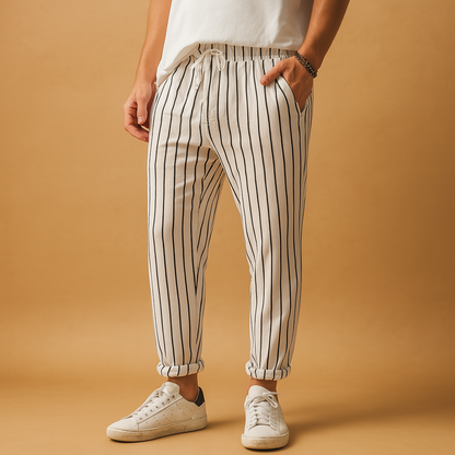 Pantaloni bărbătești cu imprimeu, talie elastică și șnur ajustabil - croială lejeră, lungime completă, pentru vacanțe de vară, călătorii și purtare zilnică