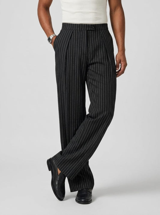 Men's pinstriped trousers with wide legs, pleats, and side pockets - elegant suit trousers for work, formal occasions, and smart-casual style