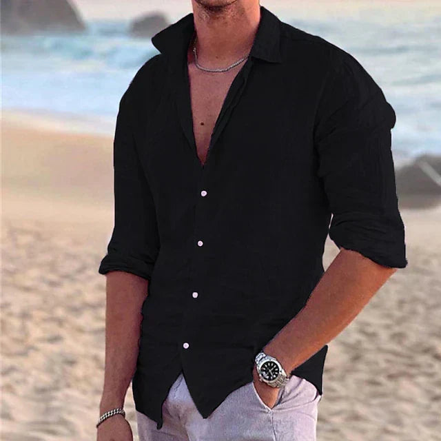 Men's Slim-Fit Summer Shirt with Long Sleeves and Button Closure – Lightweight Shirt for Vacations and Casual Everyday Wear