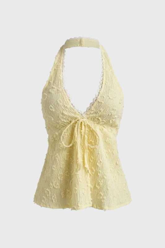 Top halter texturat damă cu decolteu în V, legături în față și siluetă  