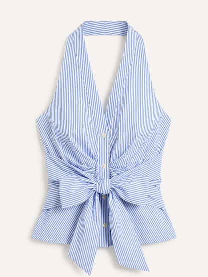 Dame Halterbluse Med Bindebånd Foran Og Stribet Print